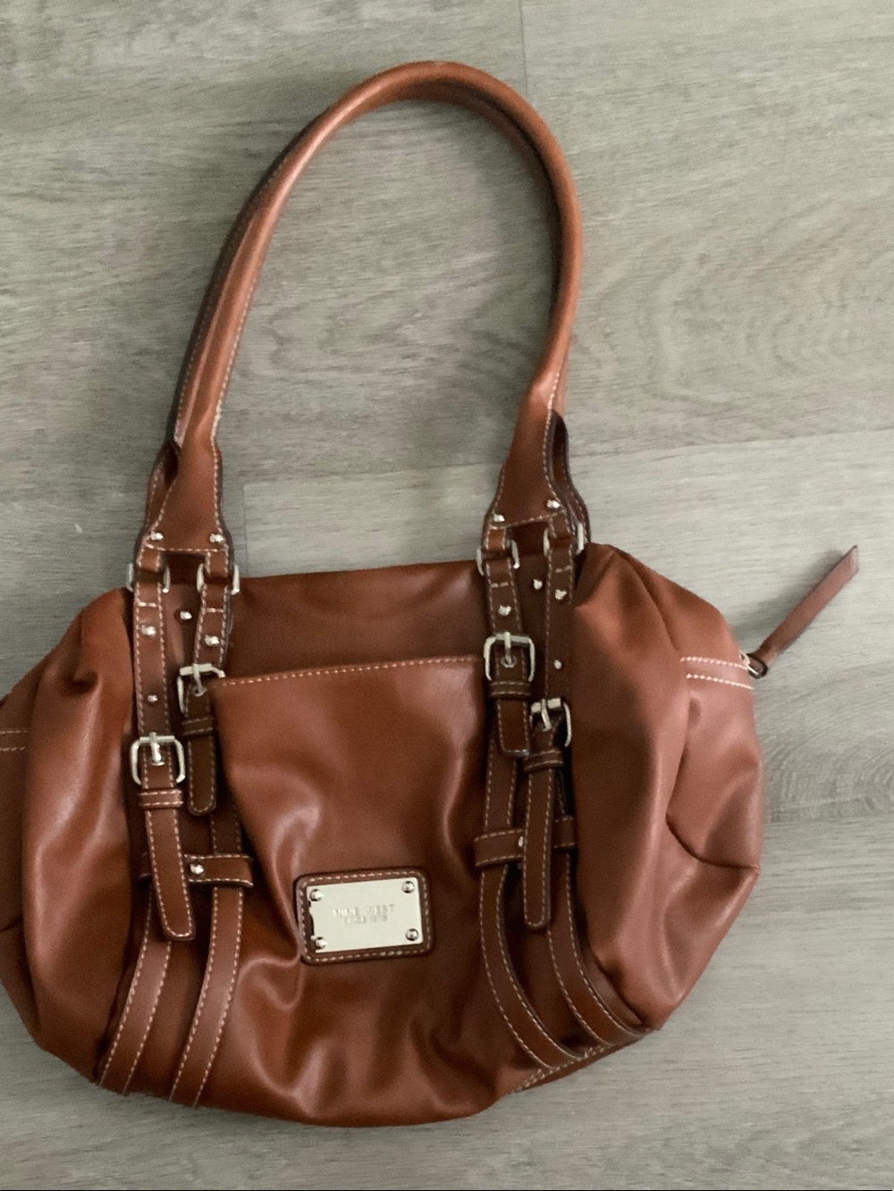 New Women's Brown Faux Leather Shoulder Bag with Buckle Details